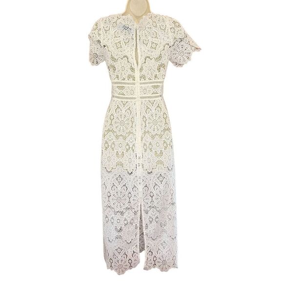 Self Portrait Guipure V-Neck Lace  Midi Dress in Beige NWT Size 2 - Picture 5 of 9